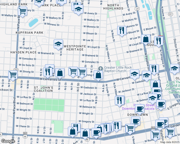 map of restaurants, bars, coffee shops, grocery stores, and more near 905 North C Street in Pensacola
