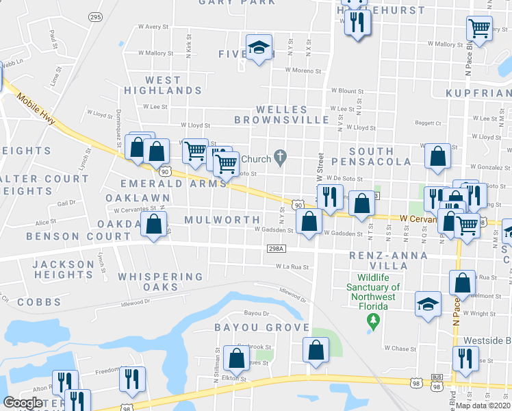 map of restaurants, bars, coffee shops, grocery stores, and more near 804 N Z St in Pensacola