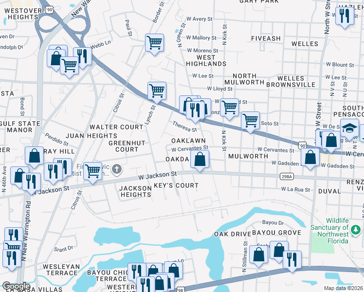 map of restaurants, bars, coffee shops, grocery stores, and more near 3810 West Cervantes Street in Pensacola