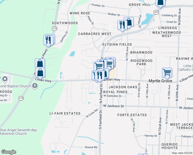 map of restaurants, bars, coffee shops, grocery stores, and more near 8130 Lillian Highway in Pensacola
