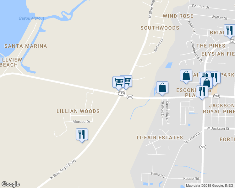 map of restaurants, bars, coffee shops, grocery stores, and more near 8770 Lillian Highway in Pensacola