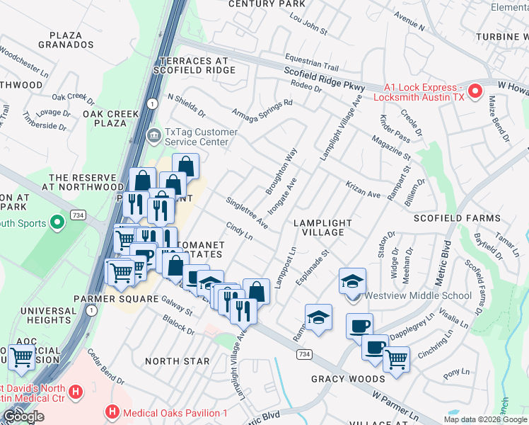 map of restaurants, bars, coffee shops, grocery stores, and more near 12802 Irongate Avenue in Austin