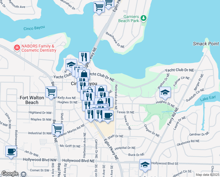map of restaurants, bars, coffee shops, grocery stores, and more near 105 Opp Boulevard Northeast in Fort Walton Beach