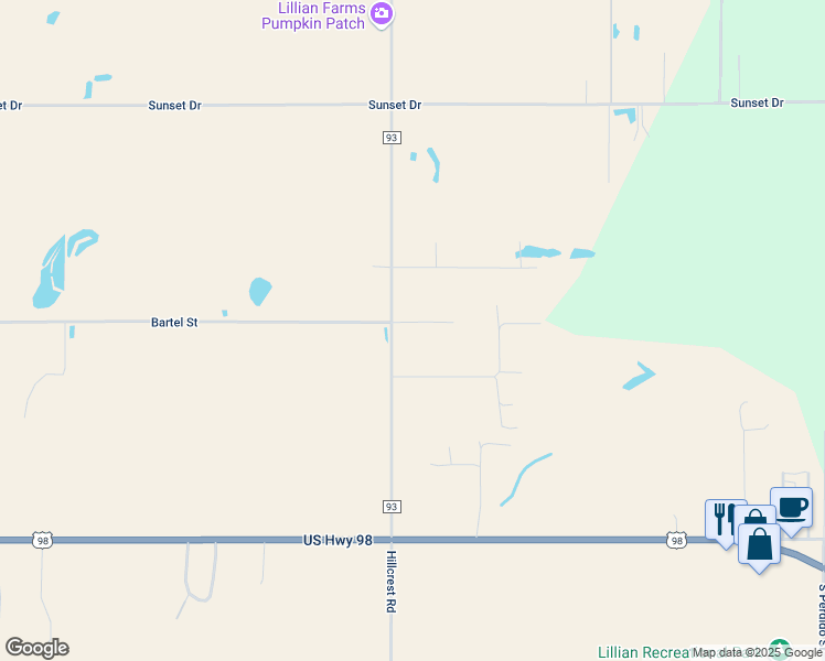 map of restaurants, bars, coffee shops, grocery stores, and more near 13478 County Road 93 in Lillian