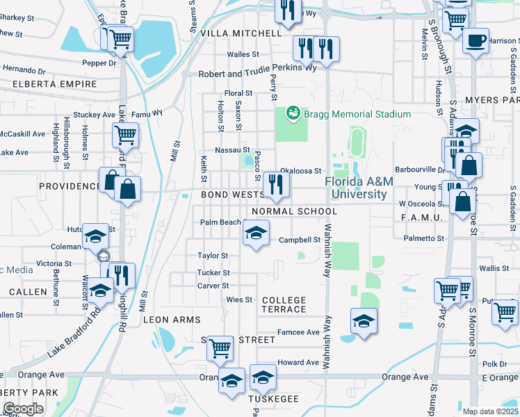map of restaurants, bars, coffee shops, grocery stores, and more near 647 Osceola Street in Tallahassee