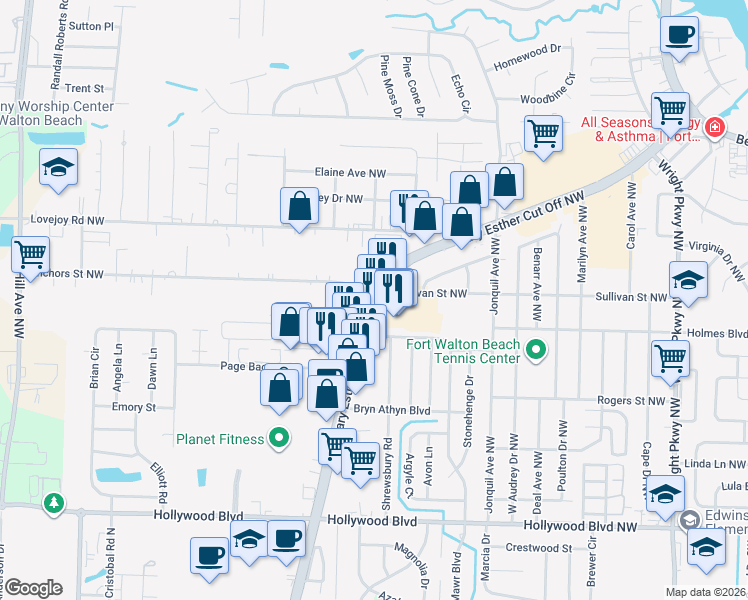 map of restaurants, bars, coffee shops, grocery stores, and more near 546 Mary Esther Boulevard in Mary Esther