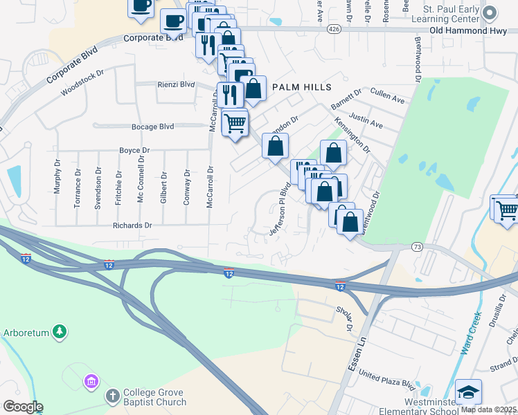 map of restaurants, bars, coffee shops, grocery stores, and more near 7543 North Jefferson Place Circle in Baton Rouge