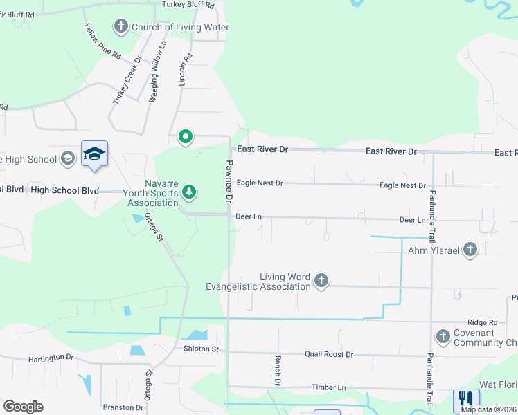 map of restaurants, bars, coffee shops, grocery stores, and more near 8938 Deer Lane in Navarre