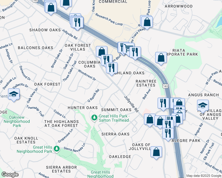 map of restaurants, bars, coffee shops, grocery stores, and more near 11631 Q Ranch Road in Austin