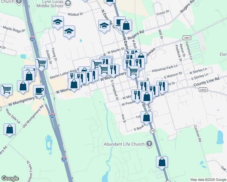 map of restaurants, bars, coffee shops, grocery stores, and more near 400 West Watson Street in Willis