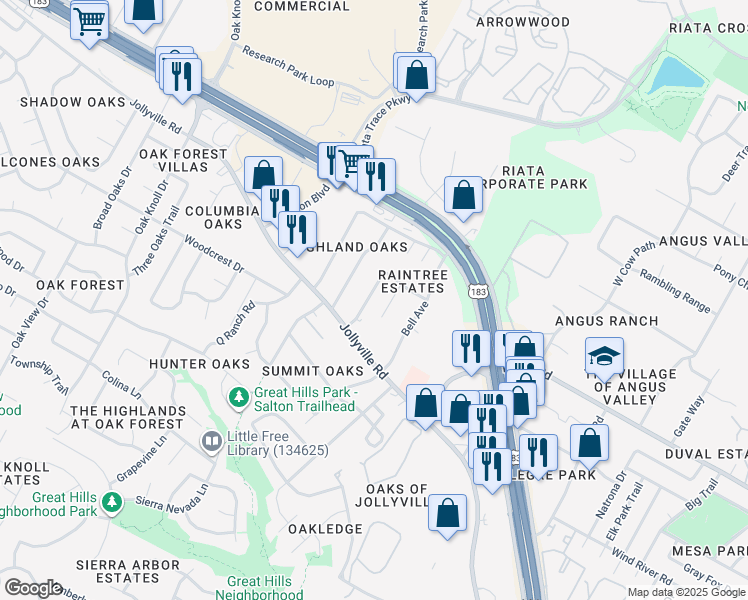 map of restaurants, bars, coffee shops, grocery stores, and more near 5833 Secrest Drive in Austin