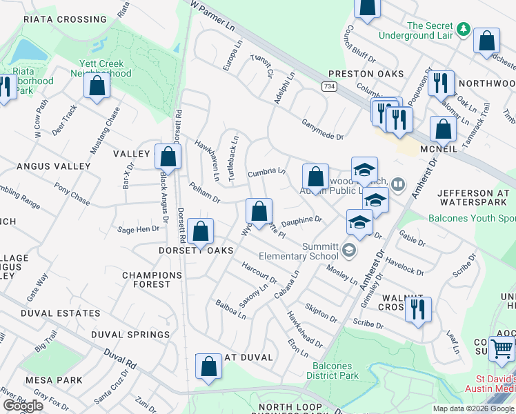 map of restaurants, bars, coffee shops, grocery stores, and more near 12307 Wycliff Lane in Austin