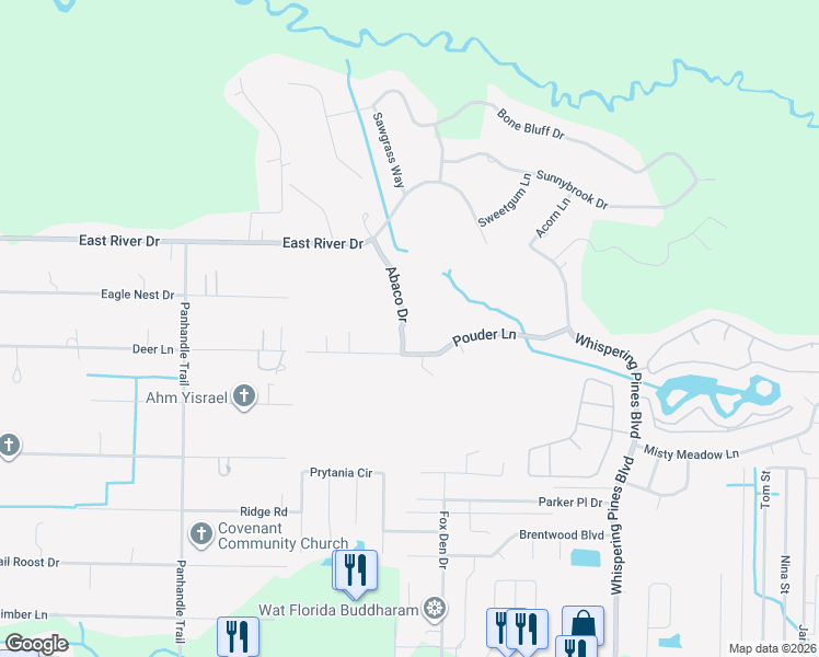 map of restaurants, bars, coffee shops, grocery stores, and more near 2410 Abaco Drive in Navarre