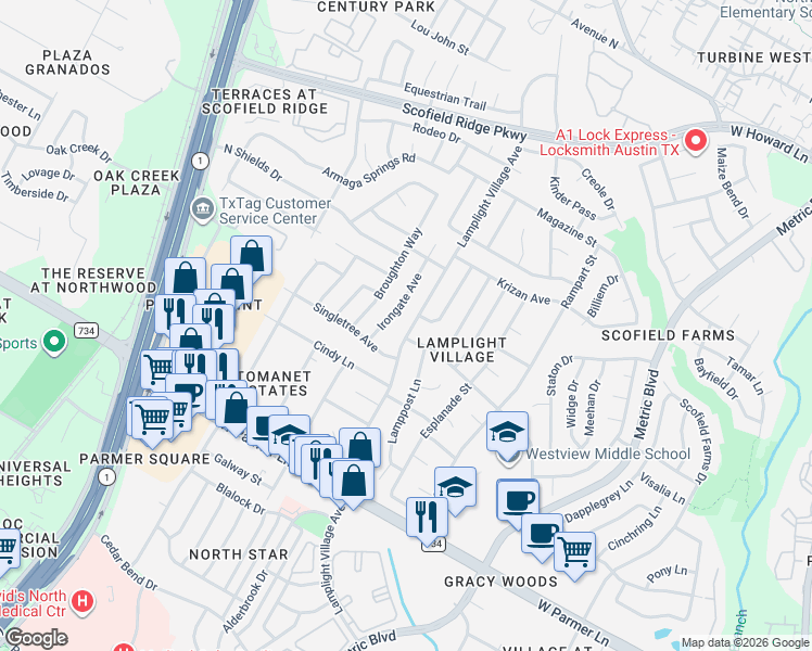 map of restaurants, bars, coffee shops, grocery stores, and more near 12810 Lamplight Village Avenue in Austin