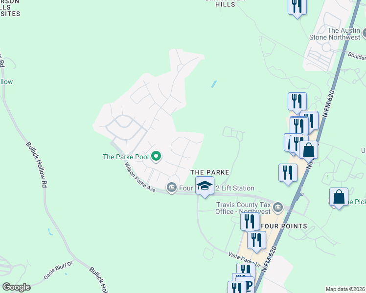 map of restaurants, bars, coffee shops, grocery stores, and more near 12208 Waterton Parke Circle in Austin
