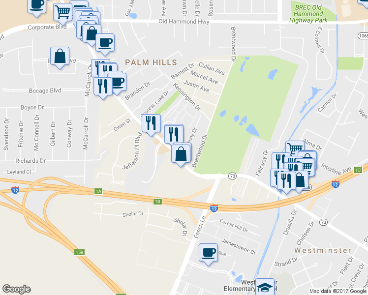 map of restaurants, bars, coffee shops, grocery stores, and more near 3138 McIlhenny Drive in Baton Rouge