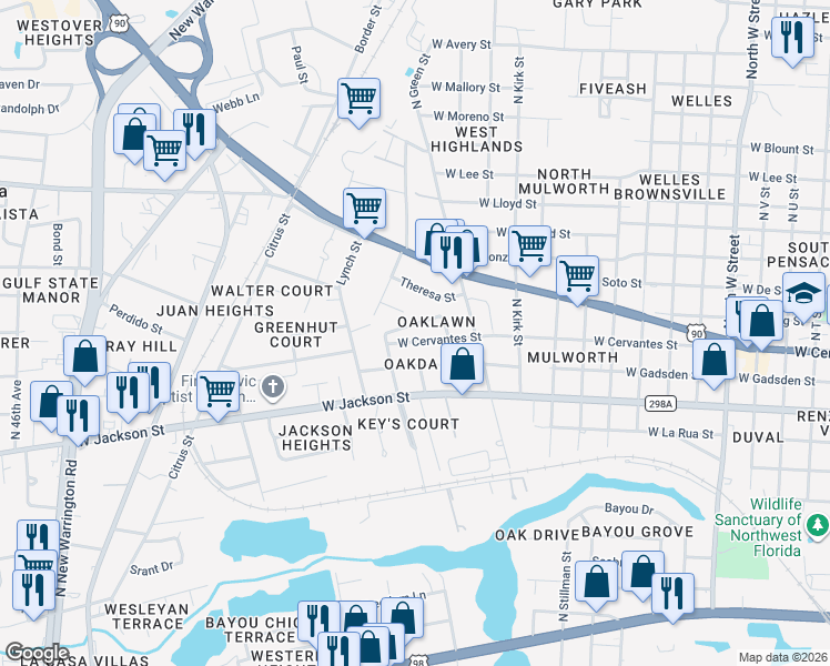 map of restaurants, bars, coffee shops, grocery stores, and more near 3810 West Cervantes Street in Pensacola
