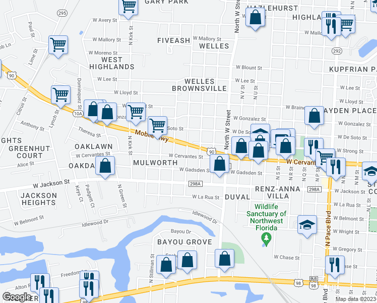 map of restaurants, bars, coffee shops, grocery stores, and more near 804 North Z Street in Pensacola