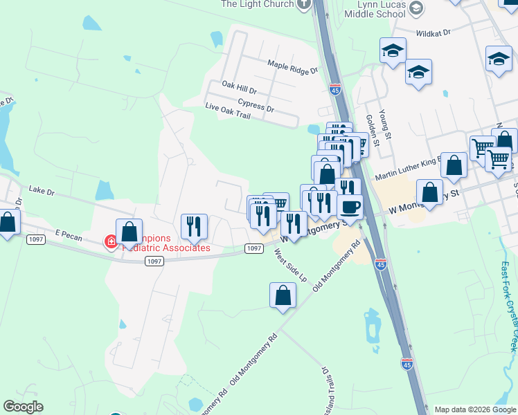 map of restaurants, bars, coffee shops, grocery stores, and more near 12575 Canyon Falls Boulevard in Willis