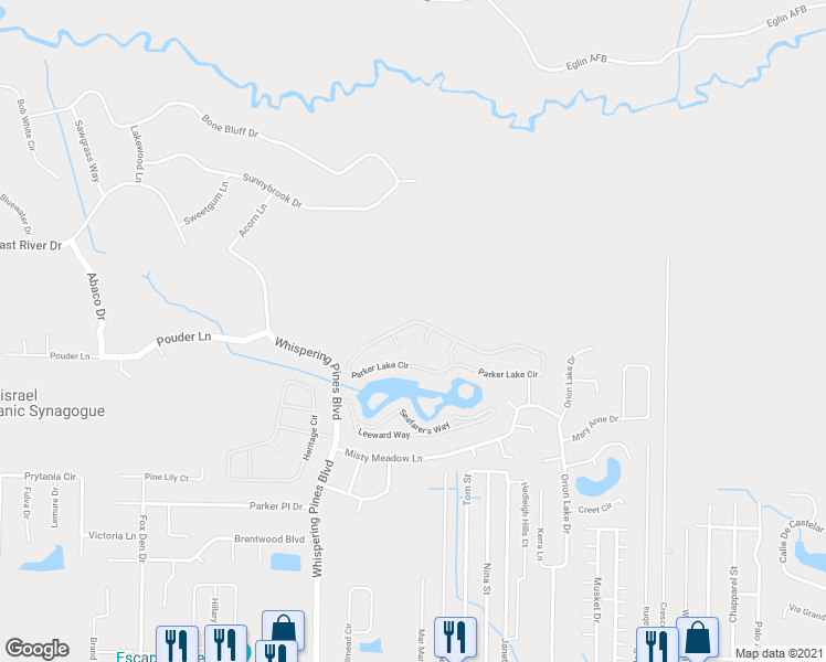 map of restaurants, bars, coffee shops, grocery stores, and more near 9693 Parker Lake Circle in Navarre