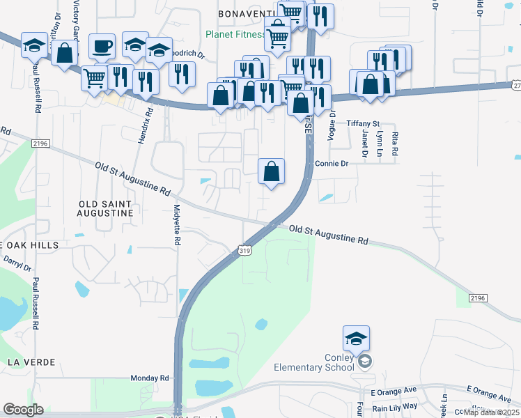 map of restaurants, bars, coffee shops, grocery stores, and more near 2822 Old Saint Augustine Road in Tallahassee