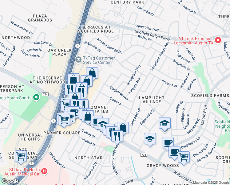 map of restaurants, bars, coffee shops, grocery stores, and more near 2213 Singletree Avenue in Austin