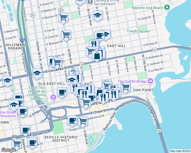 map of restaurants, bars, coffee shops, grocery stores, and more near 1105 East Jackson Street in Pensacola