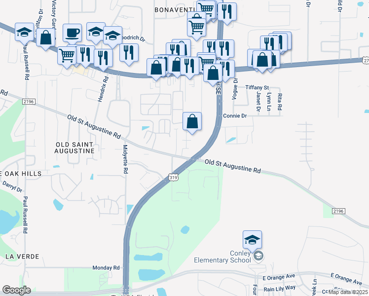 map of restaurants, bars, coffee shops, grocery stores, and more near 2822 Old Saint Augustine Road in Tallahassee