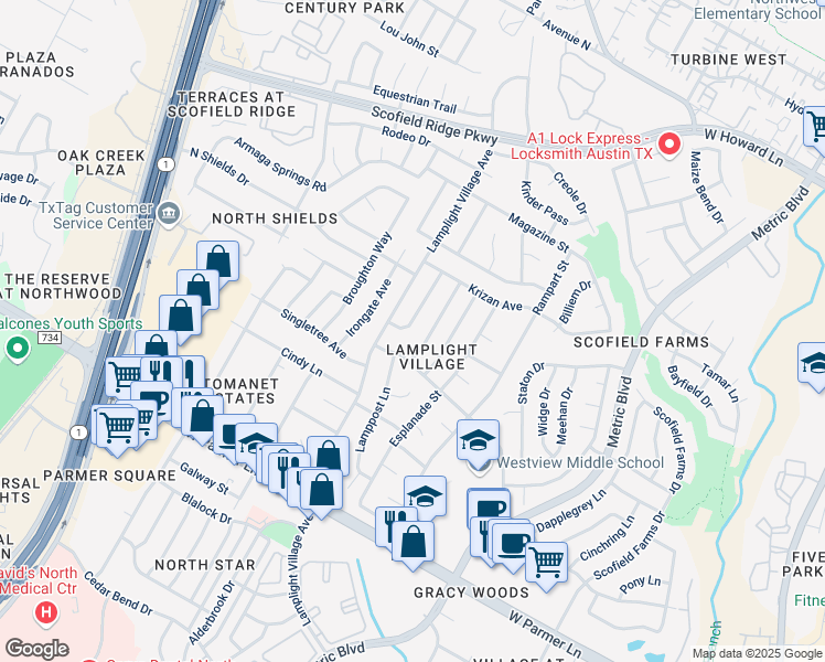 map of restaurants, bars, coffee shops, grocery stores, and more near 12909 Candlestick Place in Austin