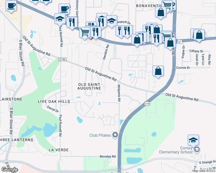 map of restaurants, bars, coffee shops, grocery stores, and more near 2507 Old Saint Augustine Road in Tallahassee