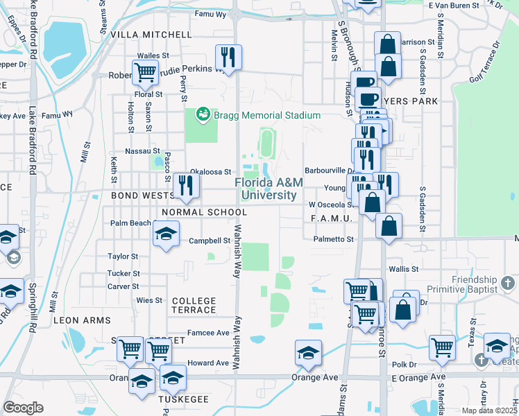 map of restaurants, bars, coffee shops, grocery stores, and more near in Tallahassee