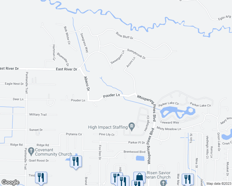 map of restaurants, bars, coffee shops, grocery stores, and more near 9512 Pouder Lane in Navarre