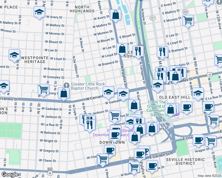 map of restaurants, bars, coffee shops, grocery stores, and more near 815 North Baylen Street in Pensacola