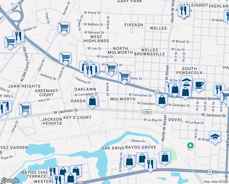 map of restaurants, bars, coffee shops, grocery stores, and more near 800 North Kirk Street in Pensacola