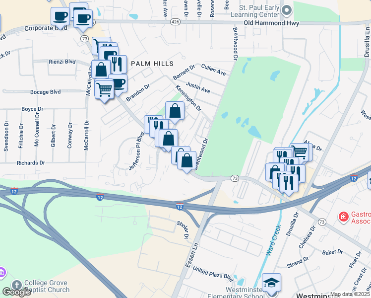 map of restaurants, bars, coffee shops, grocery stores, and more near 3138 McIlhenny Drive in Baton Rouge