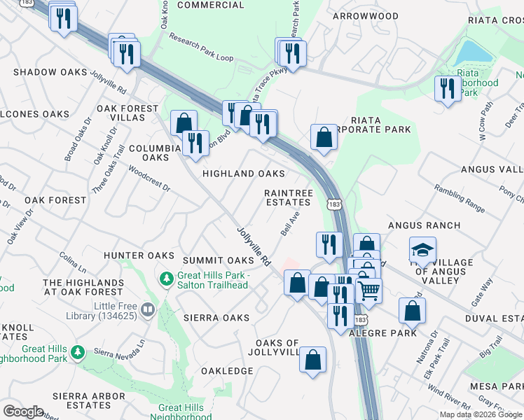 map of restaurants, bars, coffee shops, grocery stores, and more near 5833 Secrest Drive in Austin