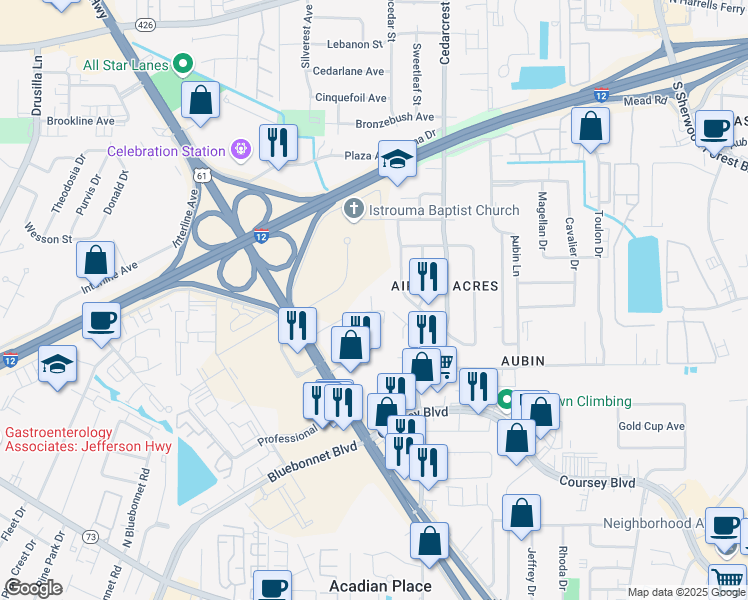 map of restaurants, bars, coffee shops, grocery stores, and more near 10285 Janice Street in Baton Rouge