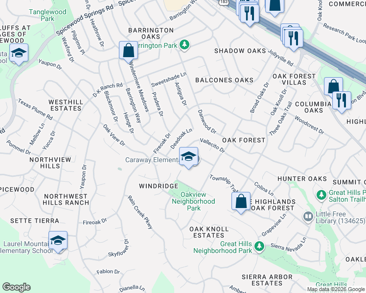 map of restaurants, bars, coffee shops, grocery stores, and more near 7114 Vallecito Drive in Austin