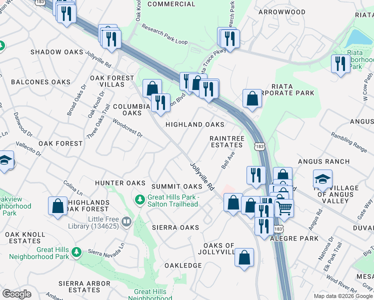 map of restaurants, bars, coffee shops, grocery stores, and more near 11803 Highland Oaks Trail in Austin