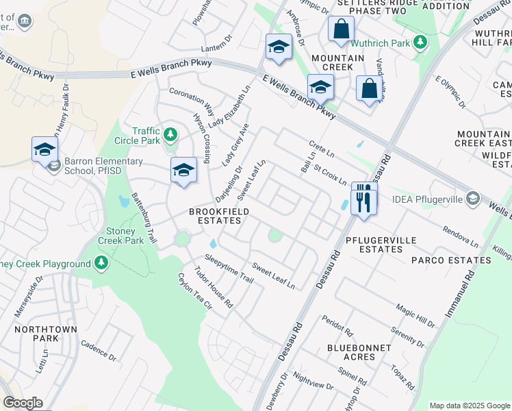 map of restaurants, bars, coffee shops, grocery stores, and more near 1401 Tea Leaf Drive in Pflugerville