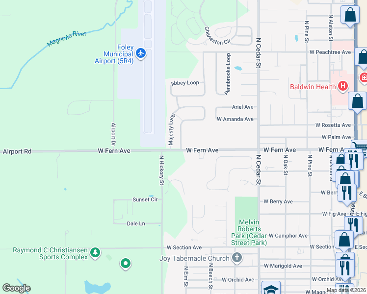 map of restaurants, bars, coffee shops, grocery stores, and more near 748-778 West Fern Avenue in Foley