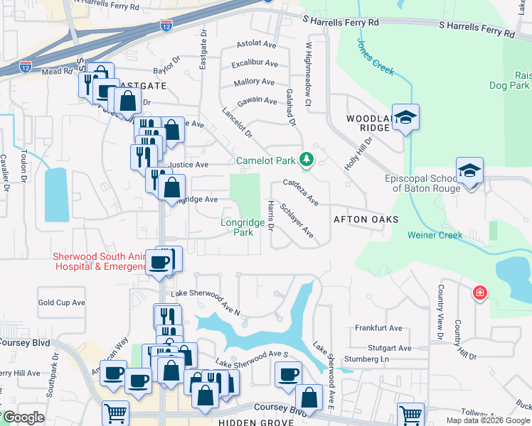 map of restaurants, bars, coffee shops, grocery stores, and more near 3544 Harris Drive in Baton Rouge