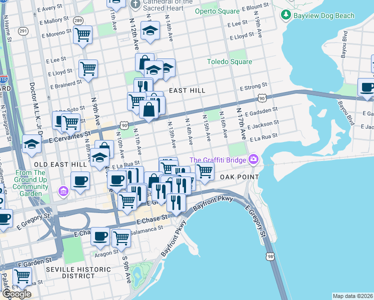 map of restaurants, bars, coffee shops, grocery stores, and more near 1316 East La Rua Street in Pensacola