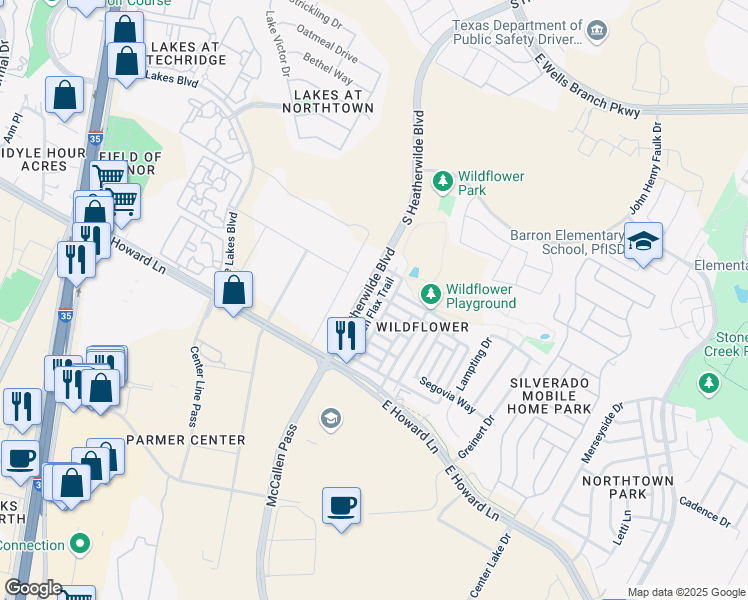 map of restaurants, bars, coffee shops, grocery stores, and more near 303 Wild Senna Drive West in Pflugerville