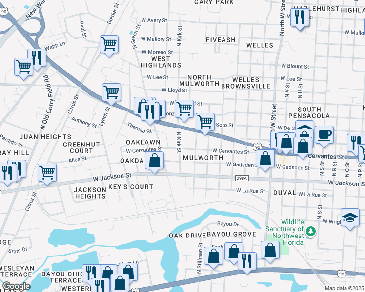 map of restaurants, bars, coffee shops, grocery stores, and more near 800 North Kirk Street in Pensacola