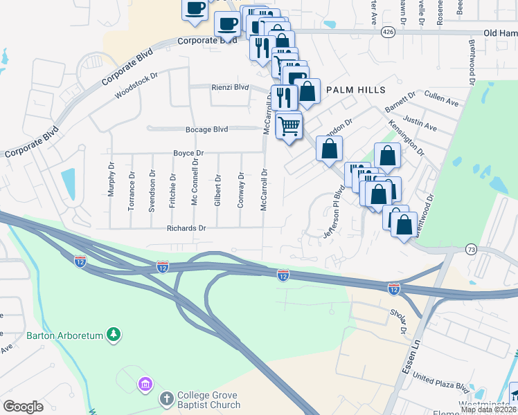 map of restaurants, bars, coffee shops, grocery stores, and more near 322 McCarroll Drive in Baton Rouge