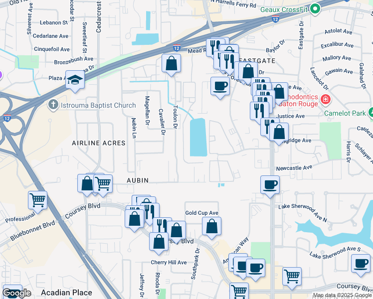 map of restaurants, bars, coffee shops, grocery stores, and more near 11070 Mead Road in Baton Rouge