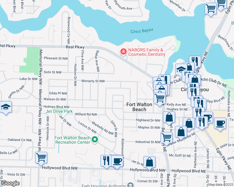 map of restaurants, bars, coffee shops, grocery stores, and more near 123 Robinwood Drive Northwest in Fort Walton Beach