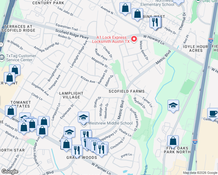 map of restaurants, bars, coffee shops, grocery stores, and more near 1802 Krizan Avenue in Austin