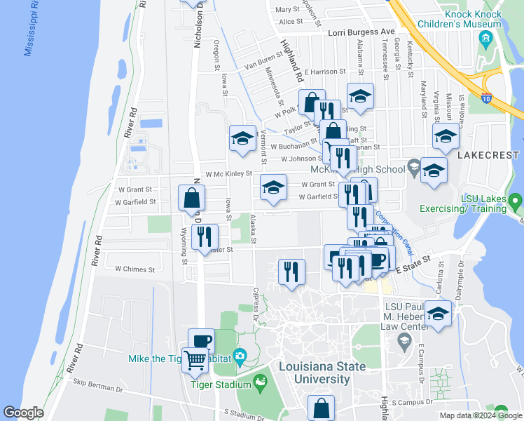 map of restaurants, bars, coffee shops, grocery stores, and more near 636 West Roosevelt Street in Baton Rouge
